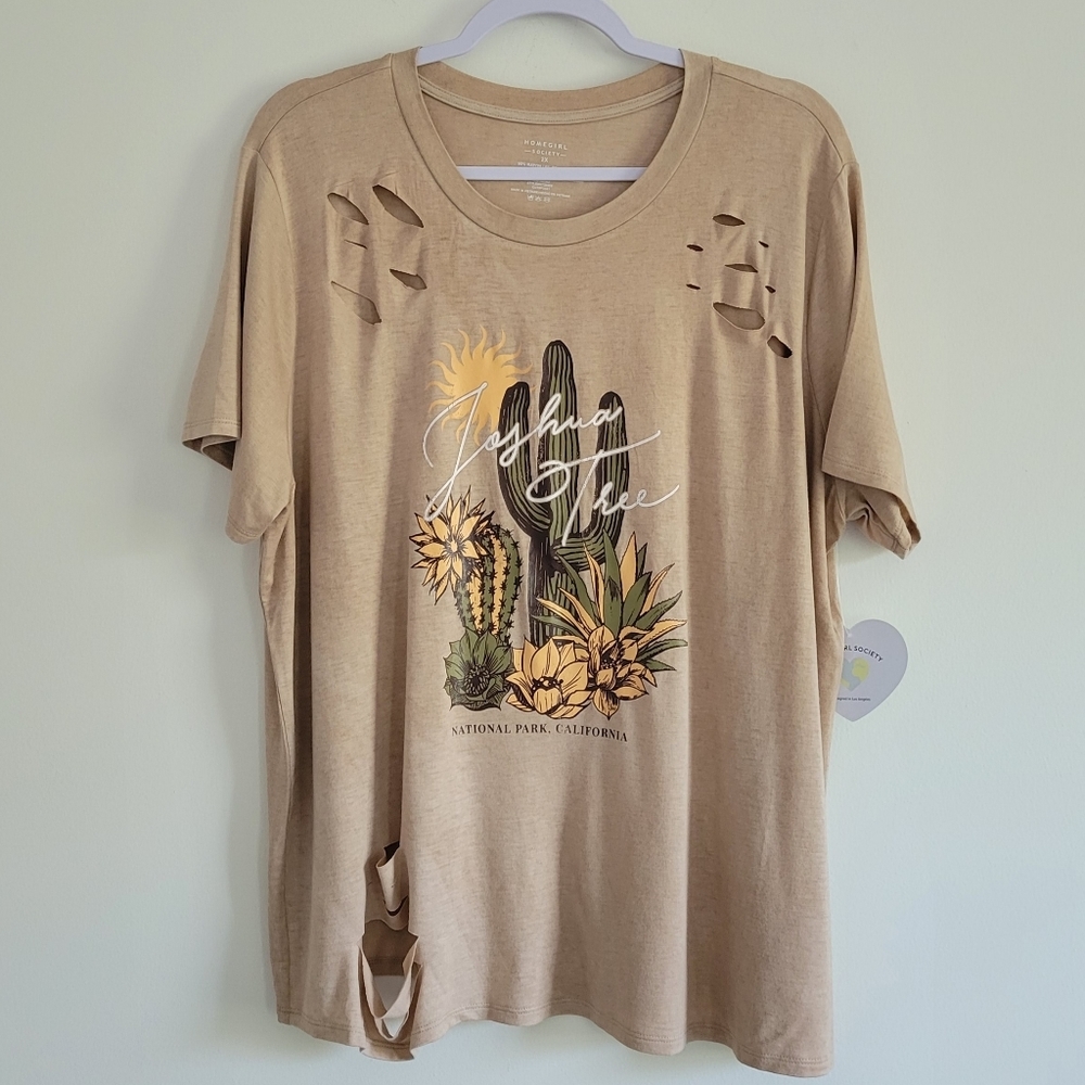 Homegirl Society Cactus Flower Graphic Distressed Vintage Grunge Beige Tee 2XL